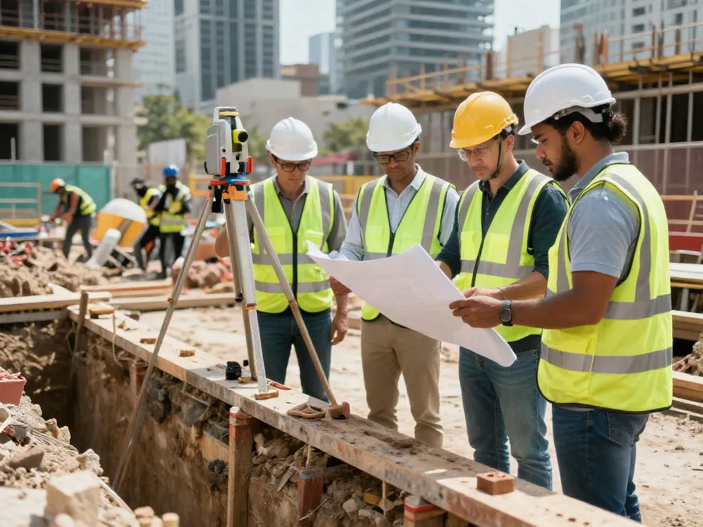 Baugrubensicherung Kosten: Ingenieure überprüfen die Sicherheit einer Baugrube auf der Baustelle.
