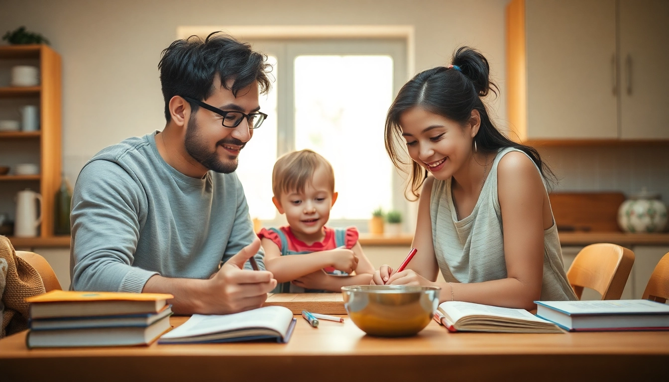 Familie genießt Heimunterricht am Küchentisch mit Büchern und Lernmaterialien.
