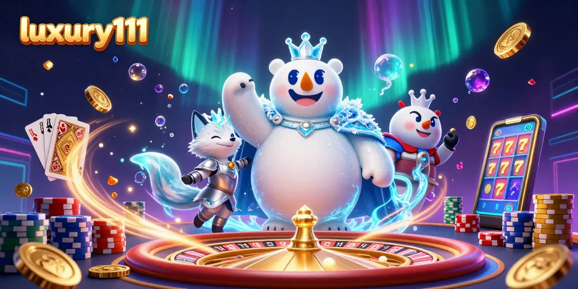 Experience luxury111 casino thrills with a dazzling 3D illustration of royal characters amid casino elements.