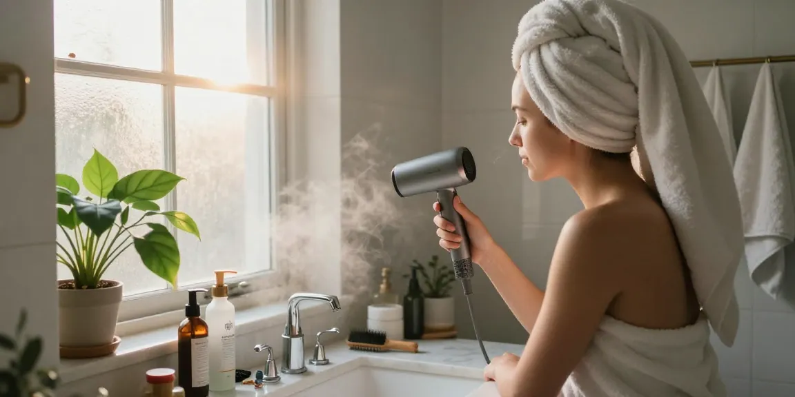 Individual with a small hair dryer preparing for the day in a beautifully lit bathroom.
