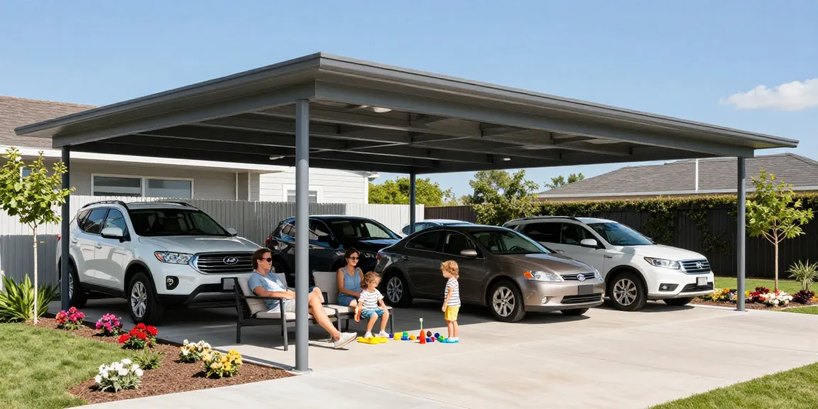 Moderne Carport-Struktur mit Familie, die entspannt, während Kinder spielen.