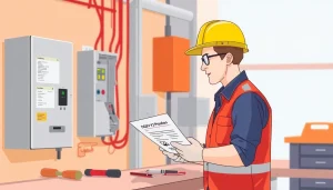 Electrician performing a DGUV V3 Prüfung, ensuring workplace safety and compliance.