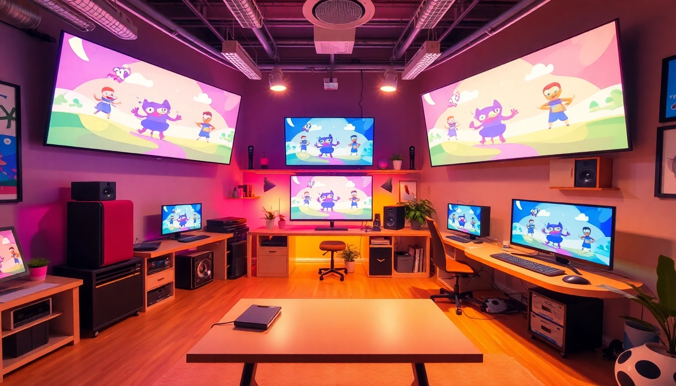 Vibrant studio workspace of an Animationsagentur showcasing creative displays and animation processes.