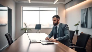 Headhunter arbeitet am Laptop in einem modernen Büro mit sachkundiger Professionalität.