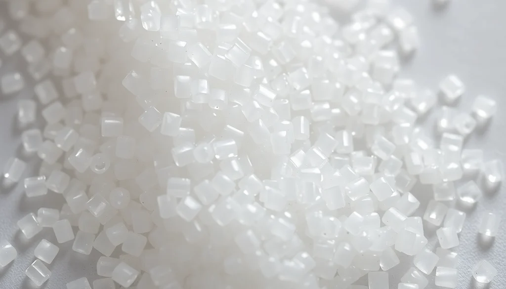 Polymethylmethacrylat im Spritzguss with clear granules demonstrating light transmission and clarity.