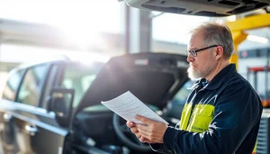 Prüfung eines Fahrzeugs gemäß DGUV 70 durch einen Mechaniker, der sicherheitsrelevante Aspekte überprüft.