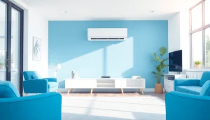Klimaanlagen installation in a cozy living room, showcasing a modern split air conditioning unit with stylish decor.