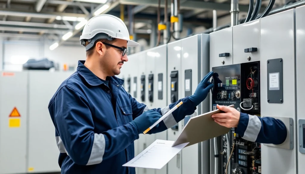 Technician conducting a DGUV V3 Prüfung to ensure electrical safety compliance.