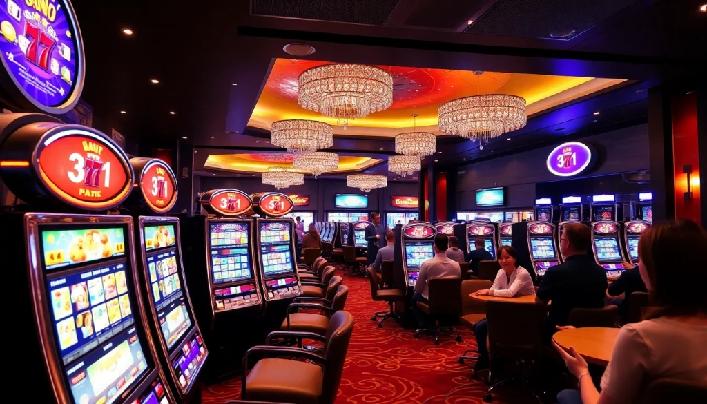 Erlebe einen Casino Bonus mit lebhaftem Casino-Interior, leuchtenden Spielautomaten und glücklichen Spielern.