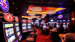 Erlebe einen Casino Bonus mit lebhaftem Casino-Interior, leuchtenden Spielautomaten und glücklichen Spielern.