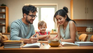 Familie genießt Heimunterricht am Küchentisch mit Büchern und Lernmaterialien.