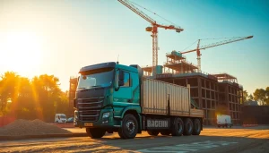 Baggerverleih Hannover: Leistungsstarker Bagger auf einer Baustelle bei Sonnenuntergang, ideal für Bauprojekte.