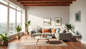 Moderne Raumgestaltung mit natürlichem Licht, harmonischen Farben und kreativen Möbelanordnungen.