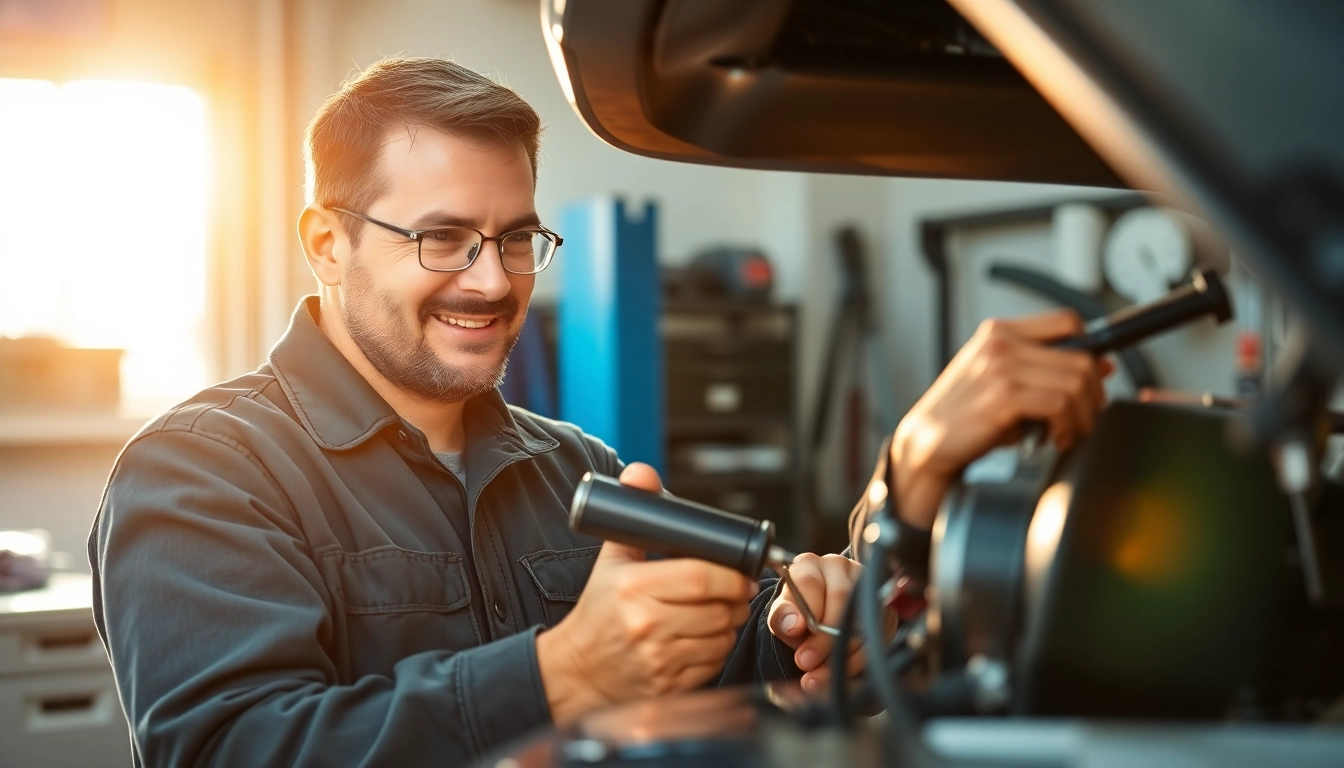 Mechaniker bei der Hagelschaden Reparatur München zeigt sorgfältige Arbeit an einem Fahrzeug.