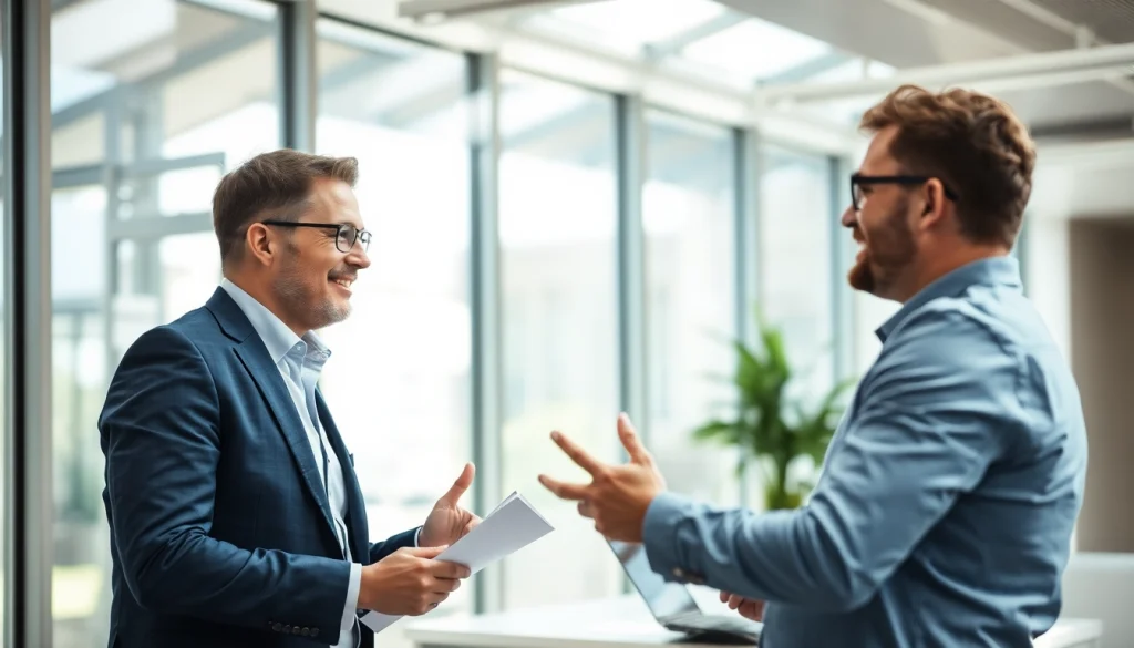 Headhunter Ingenieure im Gespräch mit einem Ingenieur in modernem Büro.