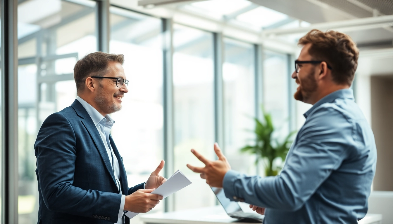 Headhunter Ingenieure im Gespräch mit einem Ingenieur in modernem Büro.