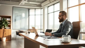 Headhunter Bochum in modernem Büro, arbeitet am Laptop und kommuniziert mit Kunden.