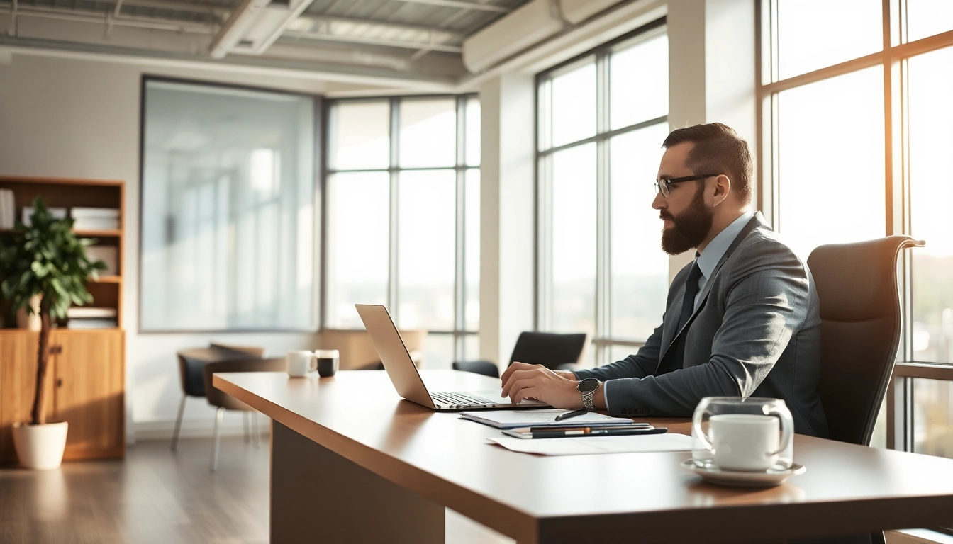 Headhunter Bochum in modernem Büro, arbeitet am Laptop und kommuniziert mit Kunden.