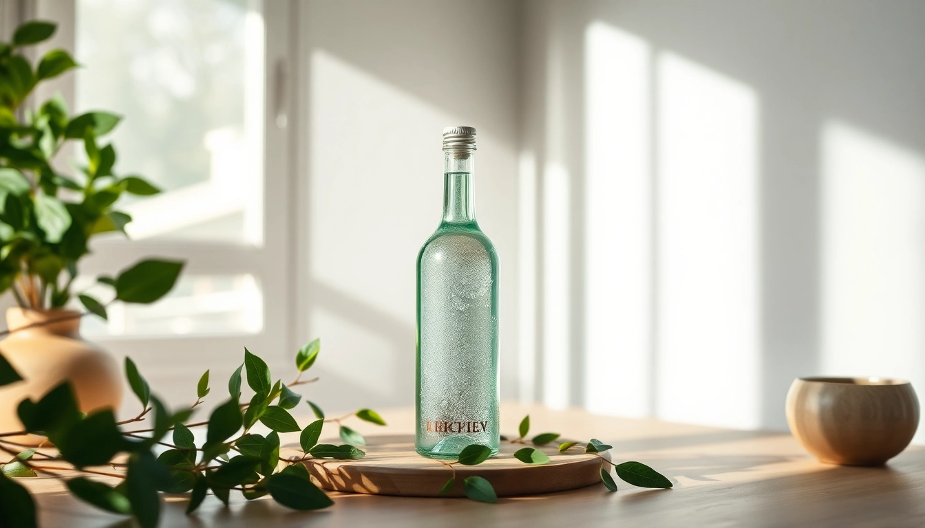 Kolloidales Silber kaufen: Hochwertige Flasche in natürlichem Umfeld mit Pflanzen, die Reinheit symbolisieren.