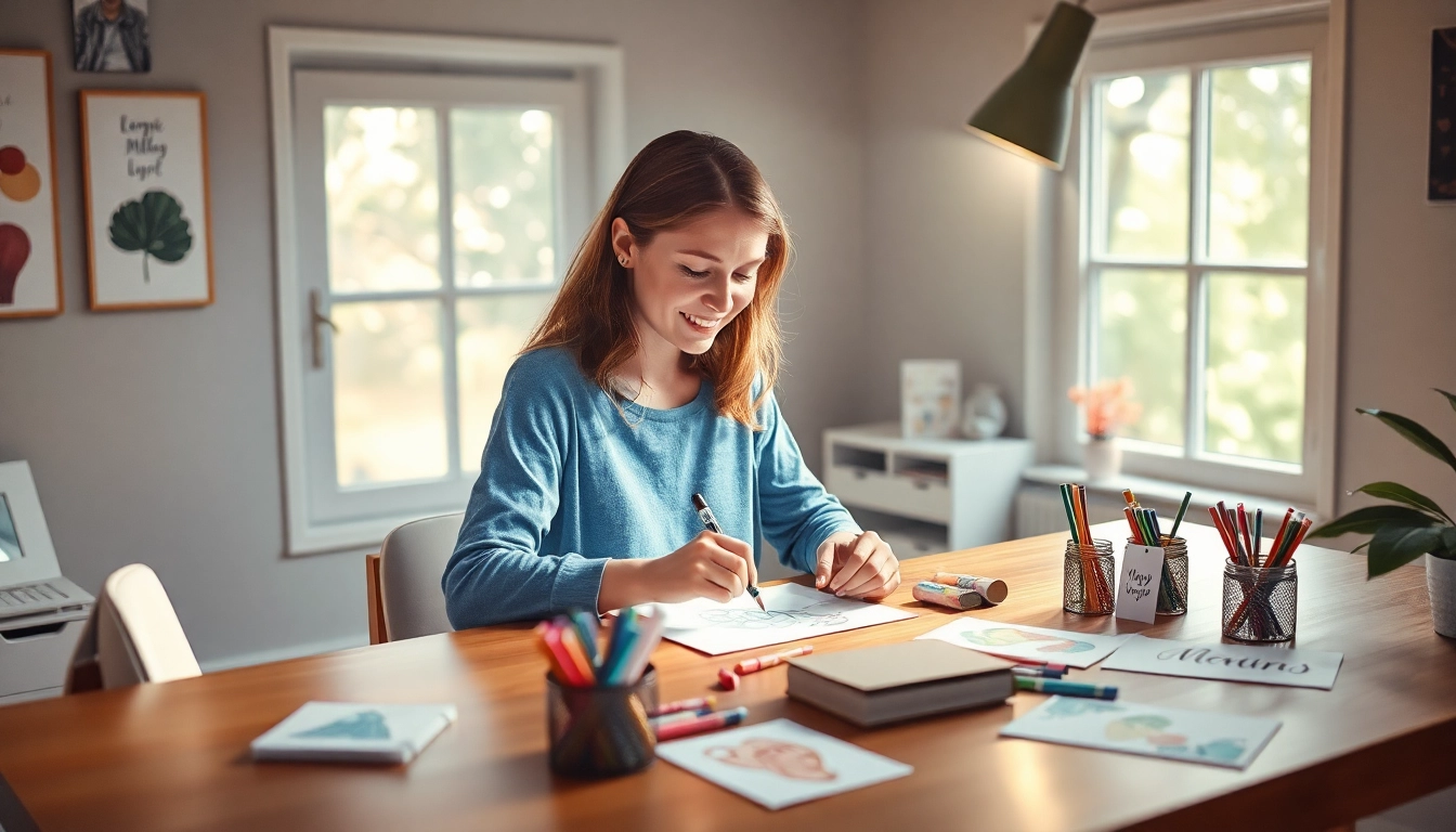 Karten selber gestalten: Eine Person gestaltet kreativ eine individuelle Karte an einem Schreibtisch.