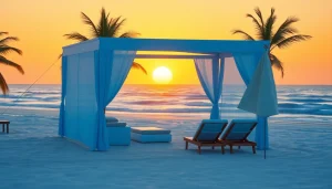 Entspanne in einem Coastal Cabana am Strand mit Palmen und Sonnenuntergang.