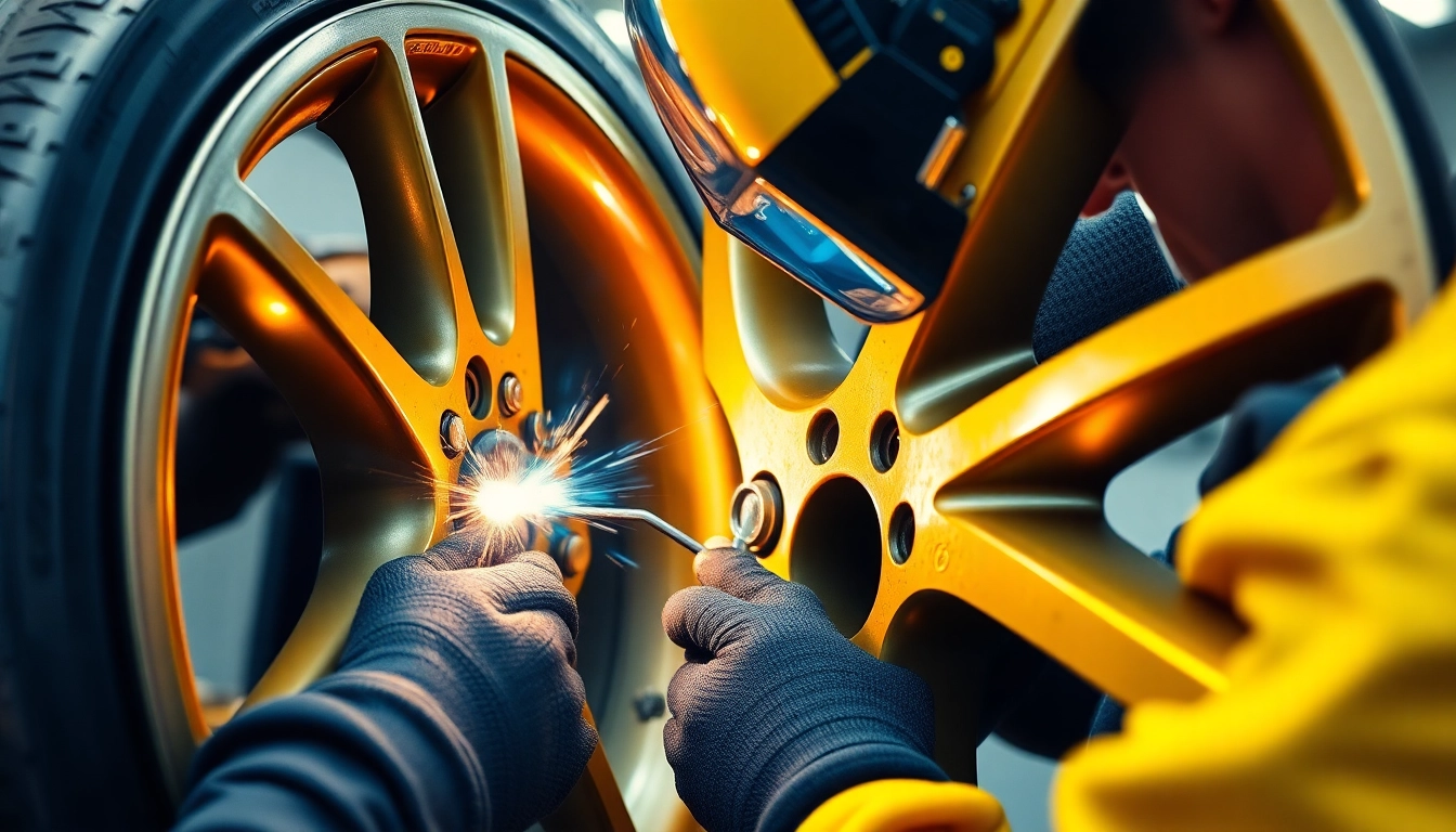 Felge schweißen München: Technician performing repair on alloy wheel.