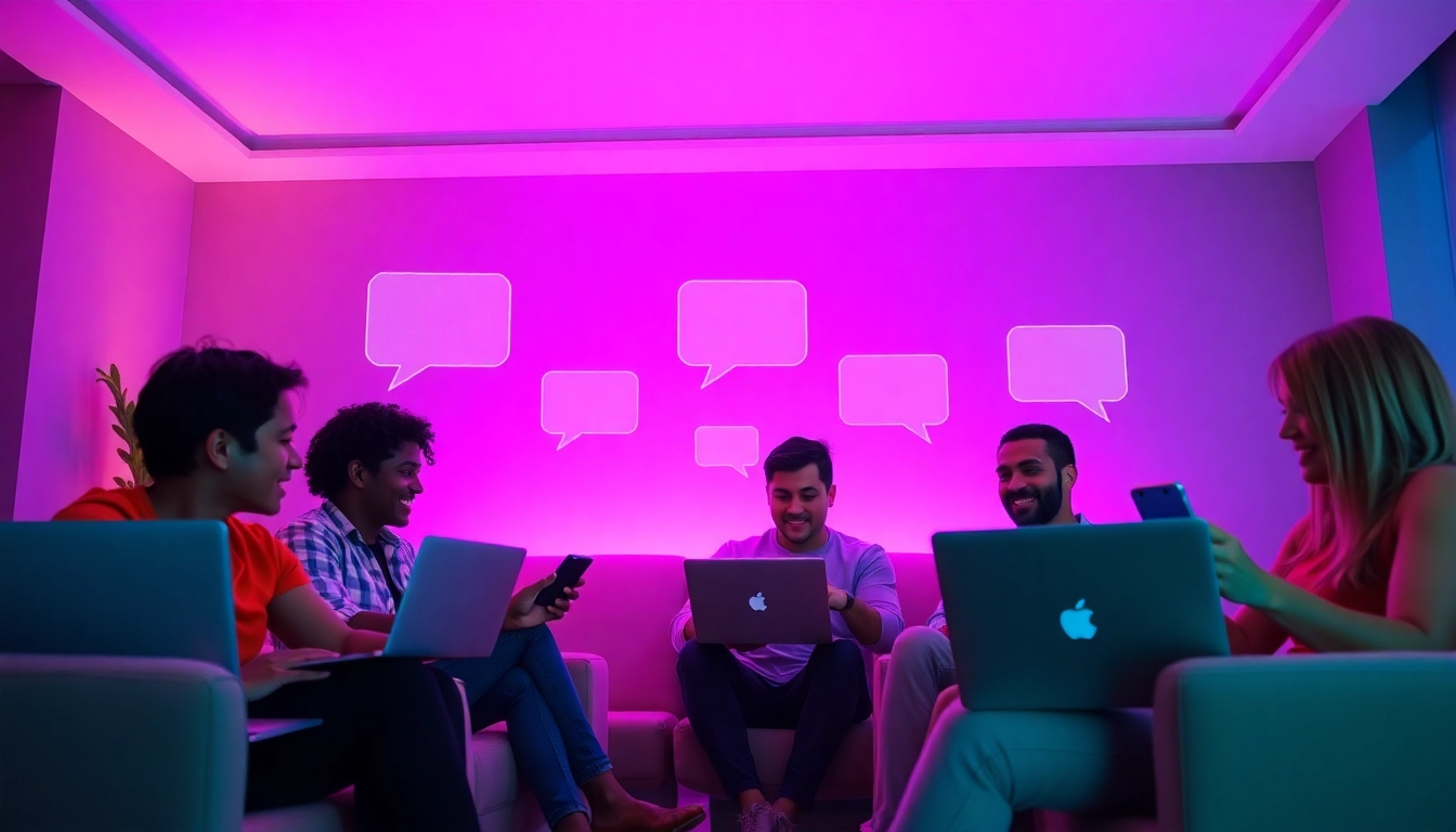 Dynamic scene of individuals engaged in sex chat, showcasing inclusivity and modern virtual communication.