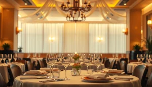 Elegantes Restaurant mit einem gedeckten Tisch, ideal für Headhunter Gastronomie-Illustrationen.