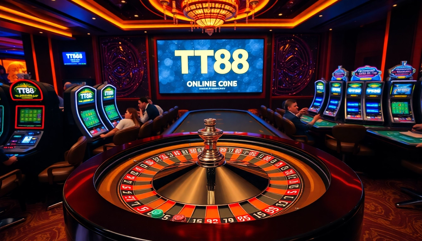 Exciting TT88 online casino scene featuring roulette, poker chips, and slot machines.