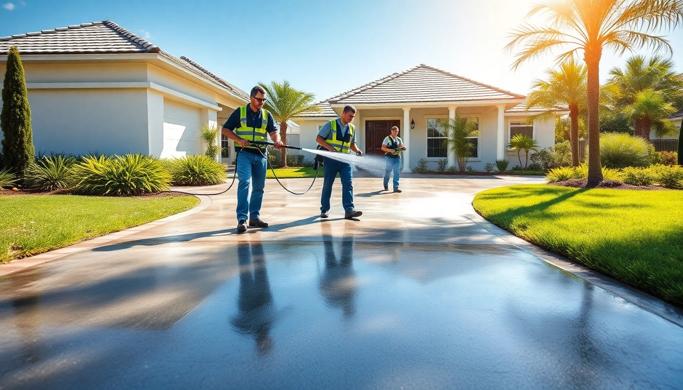 Driveway pressure wash by professional team in Kissimmee, showcasing eco-friendly practices and stunning results.