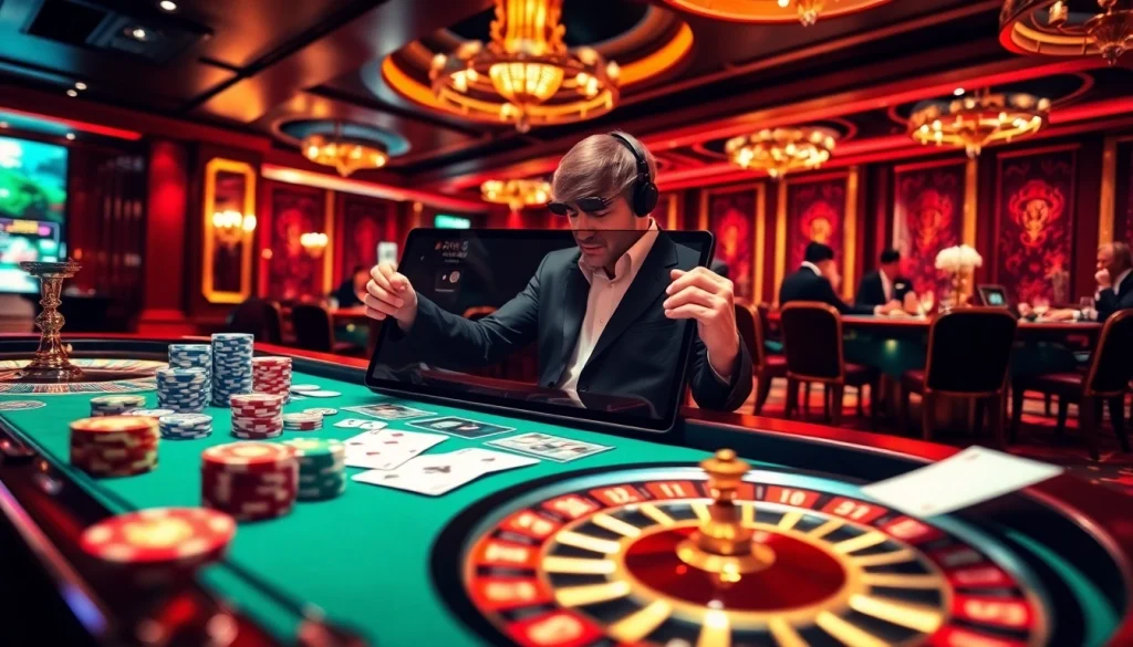 Experience thrilling gameplay at 88i game with vibrant casino elements and professional gamblers focused on winning.