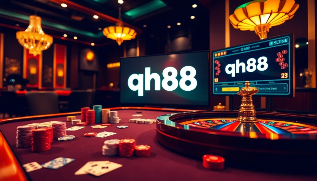 Experience thrilling gameplay at qh88 with poker chips and roulette in a vibrant casino setting.