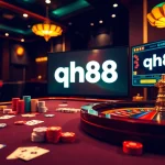 Experience thrilling gameplay at qh88 with poker chips and roulette in a vibrant casino setting.
