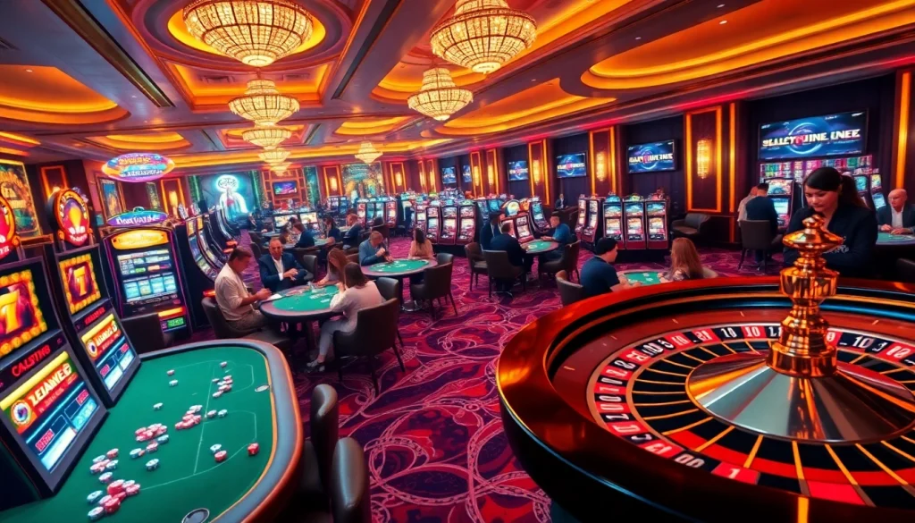 Experience thrilling gameplay at https://ski10.org/ with vibrant casino tables and a spinning roulette wheel.
