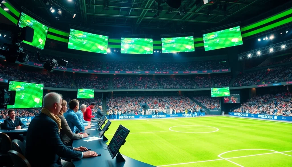 Engage with sports broadcasting professionals analyzing a live game in an energetic studio setting.