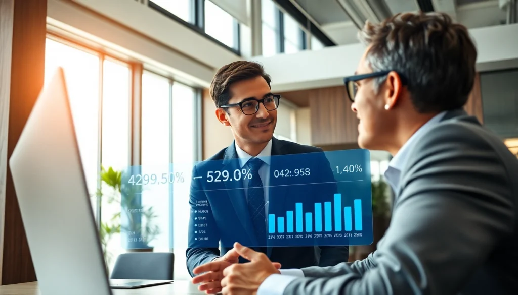 Headhunter Schweiz führt ein persönliches Interview bei einem Klienten durch und präsentiert Karriere-statistiken.