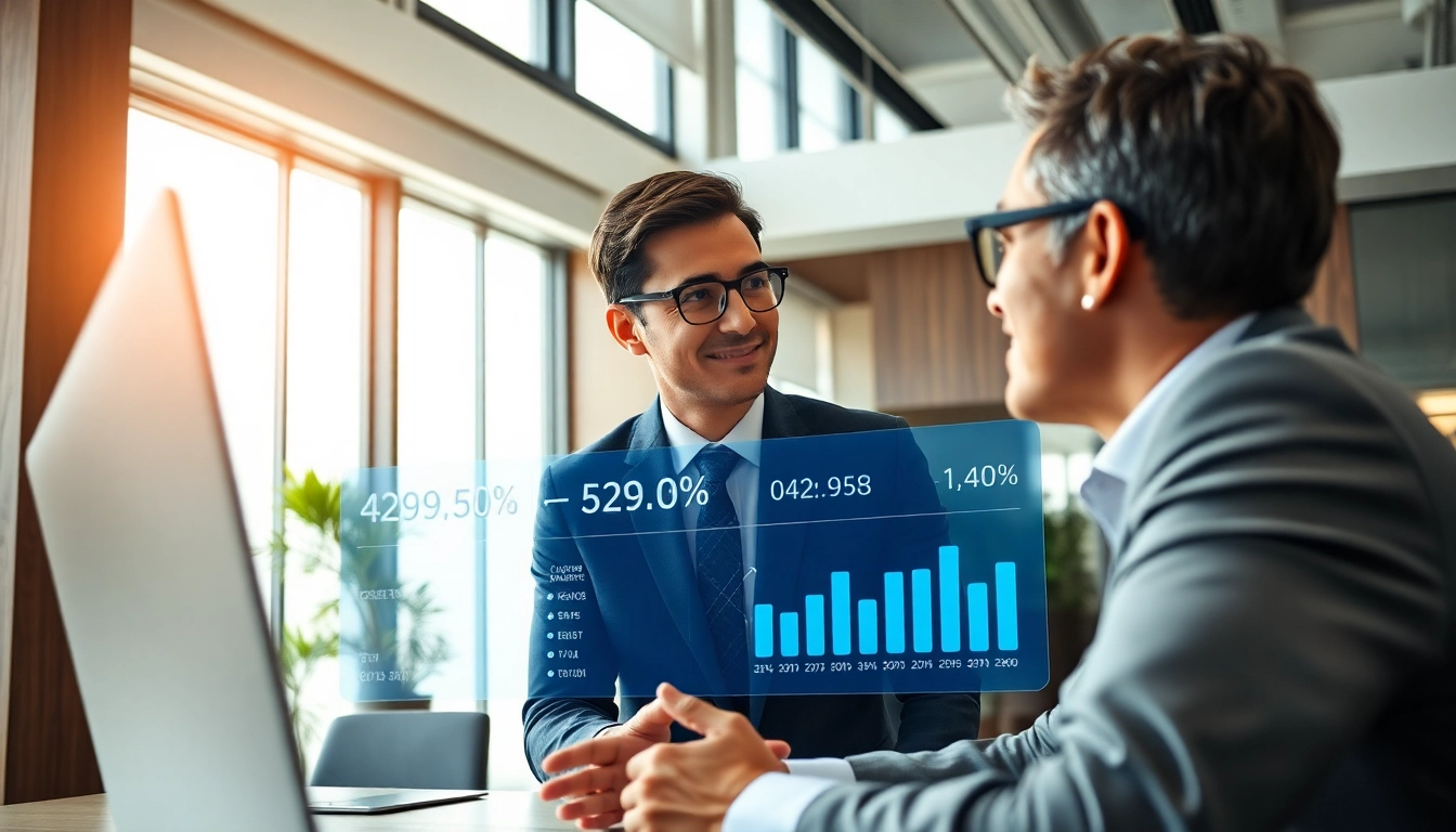 Headhunter Schweiz führt ein persönliches Interview bei einem Klienten durch und präsentiert Karriere-statistiken.