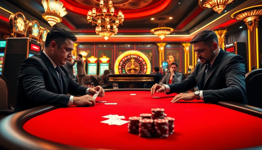 Exciting gambling scene at GG88 COM with players at a poker table and vibrant casino atmosphere.