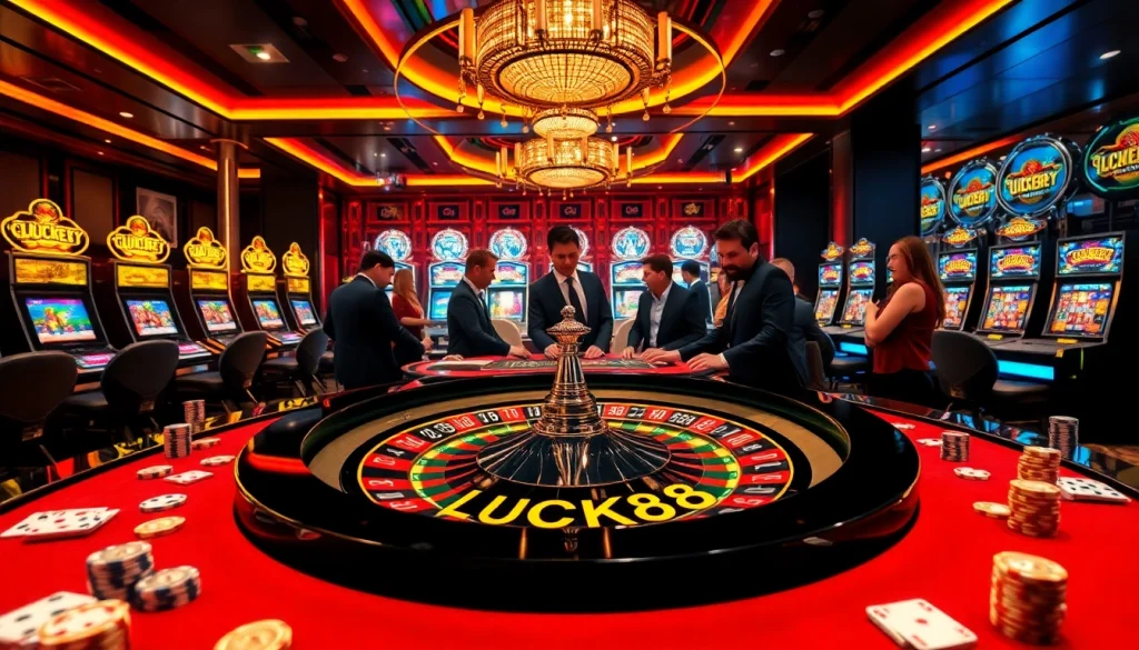 Trải nghiệm chơi đầy hứng khởi tại casino LUCK8 với người chơi tại bàn roulette, thể hiện trải nghiệm cược sang trọng.