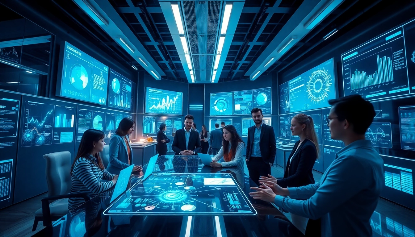 Futuristic workspace featuring advanced AI technology interacting with diverse professionals, embodying the concept of 18+ ai.