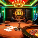 Engaging U888 players at a luxurious casino table, cards and chips highlighting excitement.