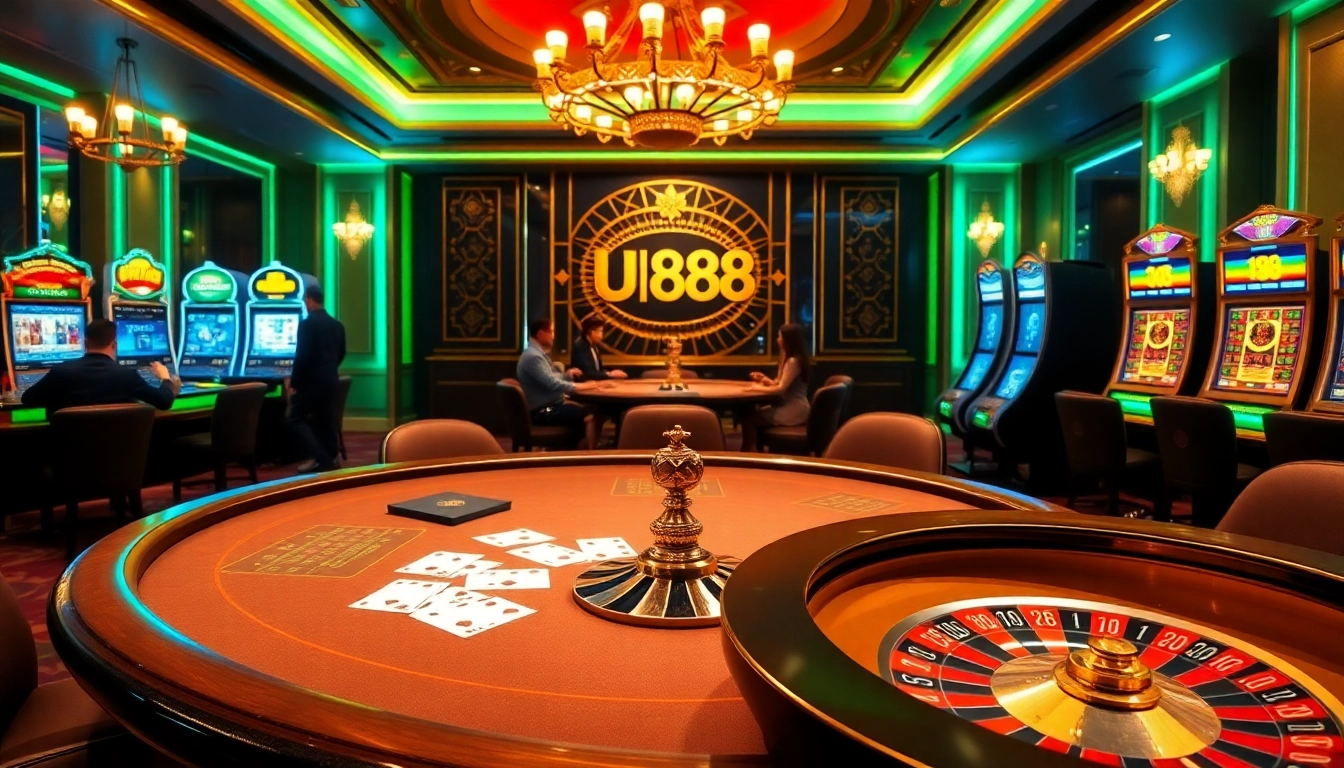 Engaging U888 players at a luxurious casino table, cards and chips highlighting excitement.