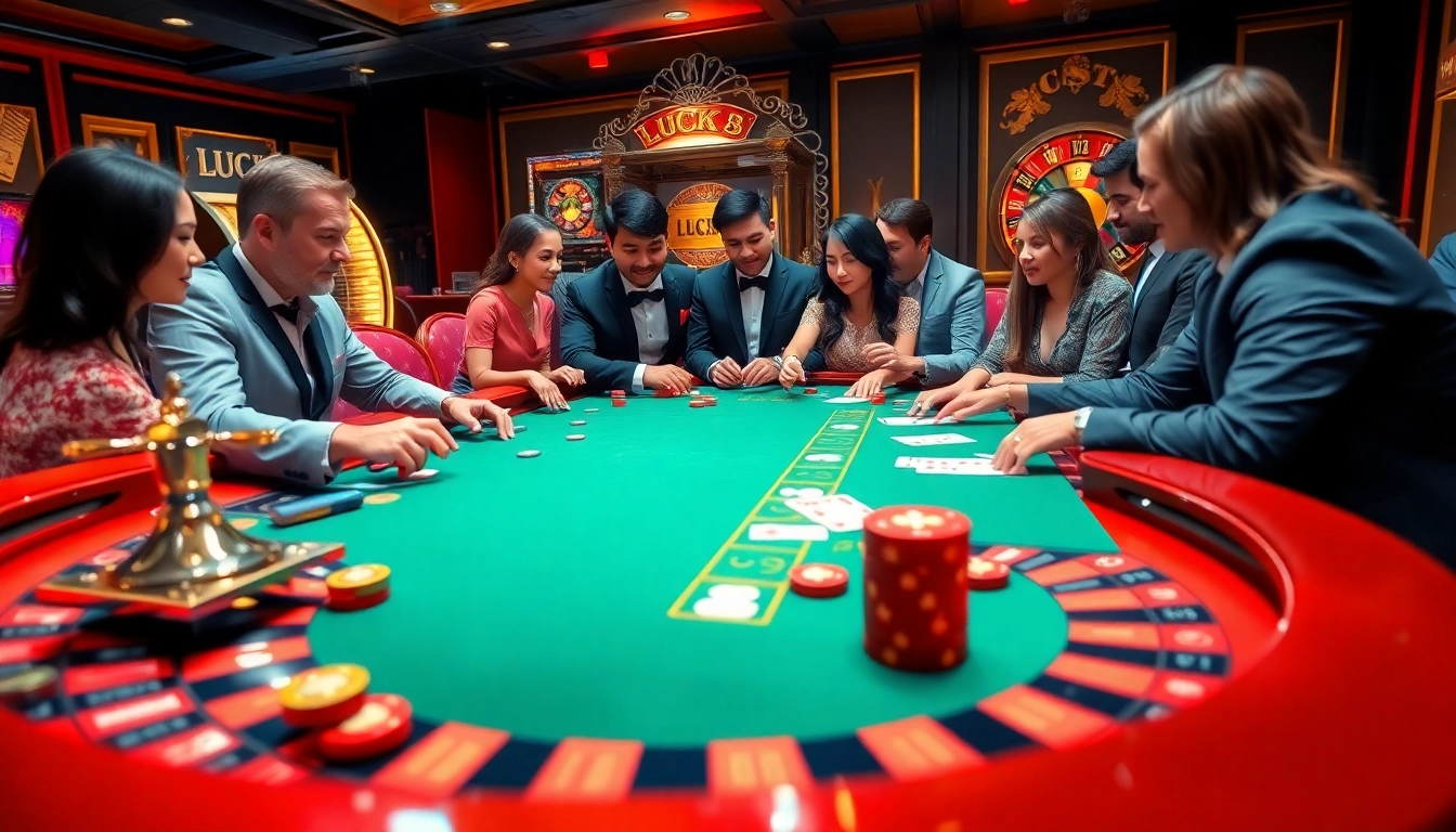 Người chơi tham gia cá cược căng thẳng tại LUCK8, cho thấy roulette, poker và máy đánh bạc.