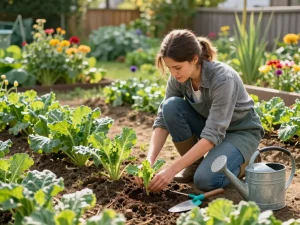 Gardener planting lauchpflanzen in a sunlit vegetable garden, surrounded by fresh greenery.
