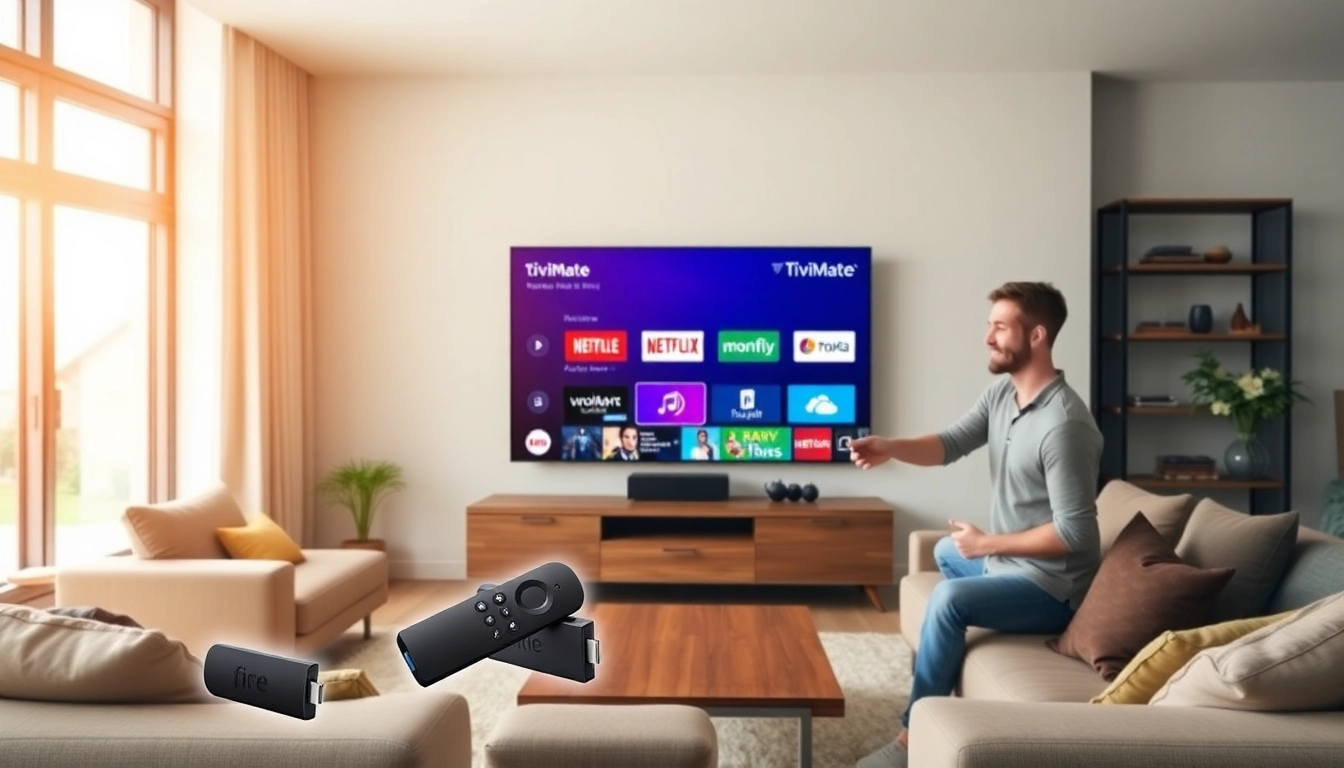 TiviMate IPTV setup on Fire TV Stick displayed in a modern living room