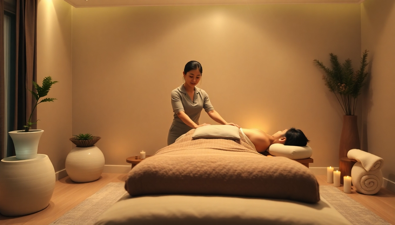 고요한 방에서 젊은 치료사가 편안한 마사지를 제공하는 오산출장마사지 장면.