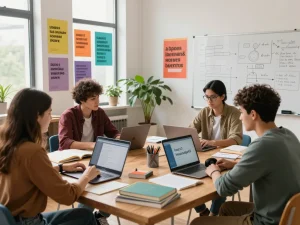 Studierende arbeiten in einem lebhaften Studienraum an Lösungen für Hausaufgaben KI zusammen.