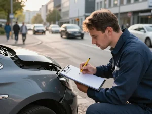 Kfz Sachverständiger Düren inspiziert Fahrzeugschäden auf einer städtischen Straße.