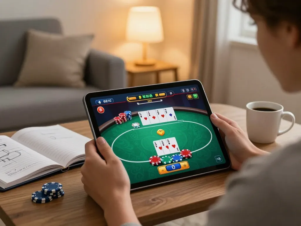 Engaged player exploring poker strategies on 56WIN app in a cozy home setup.