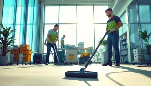 Efficient Gebäudereinigung Ulm team at work in a bright office environment.
